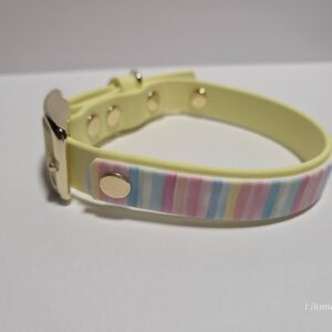 HU 28-34 cm BioThane Halsband Pastellgelb, mit Pastellgestreifter BioThane als Akzent