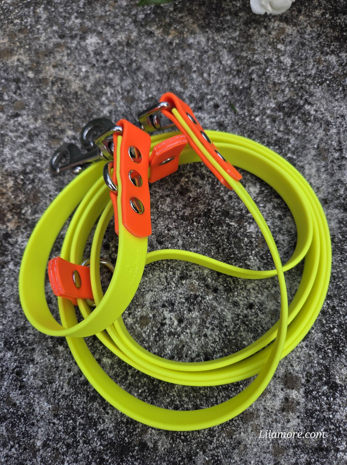 2 farbige BioThane Leine 230 cm 3fach verstellbar Neon Gelb, Akzente in Neon Orange