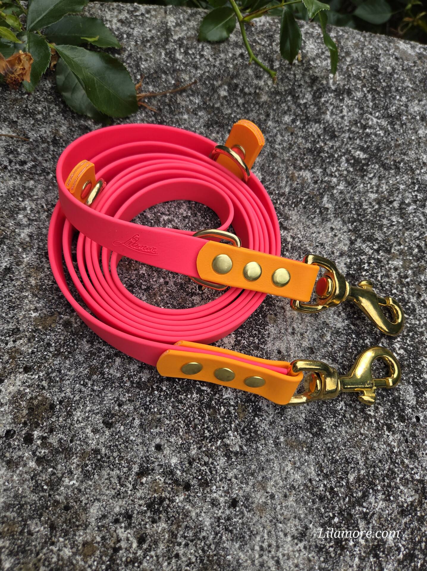 2 farbige BioThane Leine 235 cm 3fach verstellbar Neon Pink, Akzente in Peach – Bild 2